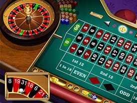 Et roulettebord hvor hjulet har to grønne lommer med nuller, som er typisk for amerikansk roulette