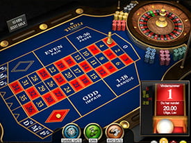 Et roulettebord, hvor at spilleren lige har vundet 20 kr. på rød, ulige og lav
