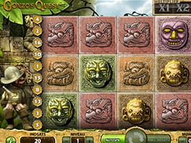 Hovedfiguren i spillet - Gonzo - ser på imens at tromlerne falder ned fra oven. Multiplikatoren viser, at indsatsen vil blive ganget med 3