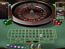 Et grønt roulettebord med et hjul, hvori kuglen er landet på rød 25